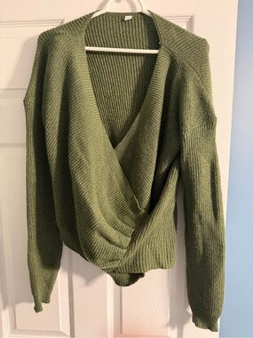 Women's Olive Green Ribbed V-Neck Wrap Sweater